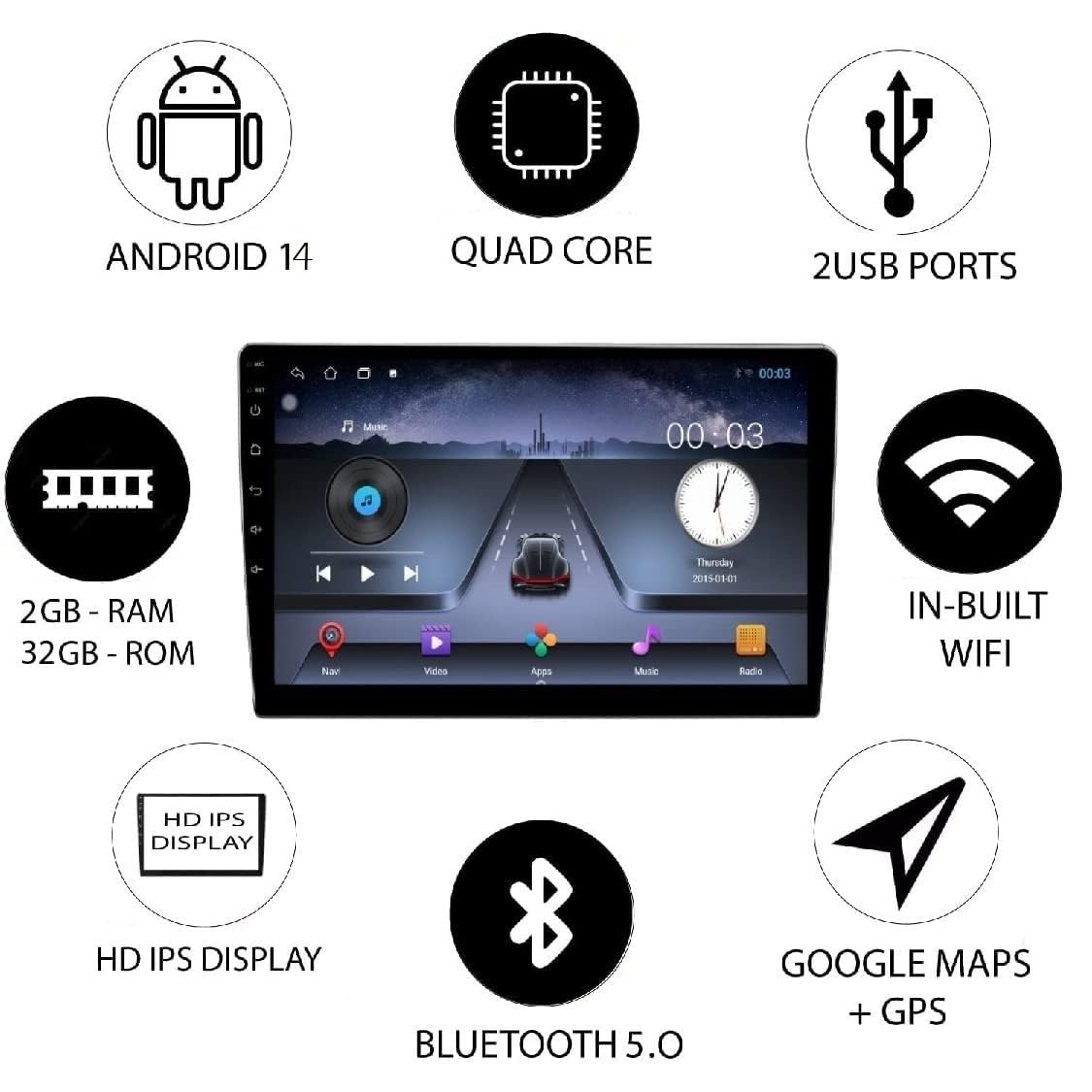 AUTO SNAP 9 Inch HD Android Double Din Stereo Player 14 Android Version Gorilla Glass IPS Display Car Stereo Touch Screen Flashing 2GB RAM 32GB ROM for All Cars
