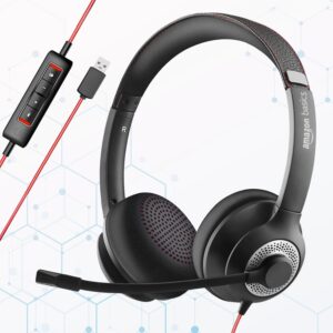 Amazon Basics Pro Series Wired USB On Ear Headset with Mic | 40 mm Driver | Computer/PC or Laptop Headphone | Noise Cancellation Microphone | in-line Control for Home, Office, Teams or Zoom, Black