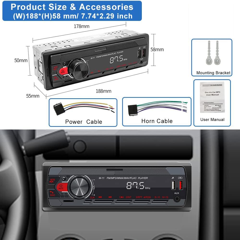 UNITOPSCI Single Din Car Stereo Bluetooth 5.0 Multimedia Audio Receiver, Push to Talk Assistant, Hands-Free Call Voice Control,MP3/FM/AUX in/USB/TF Input APP Remote LCD Digital Display