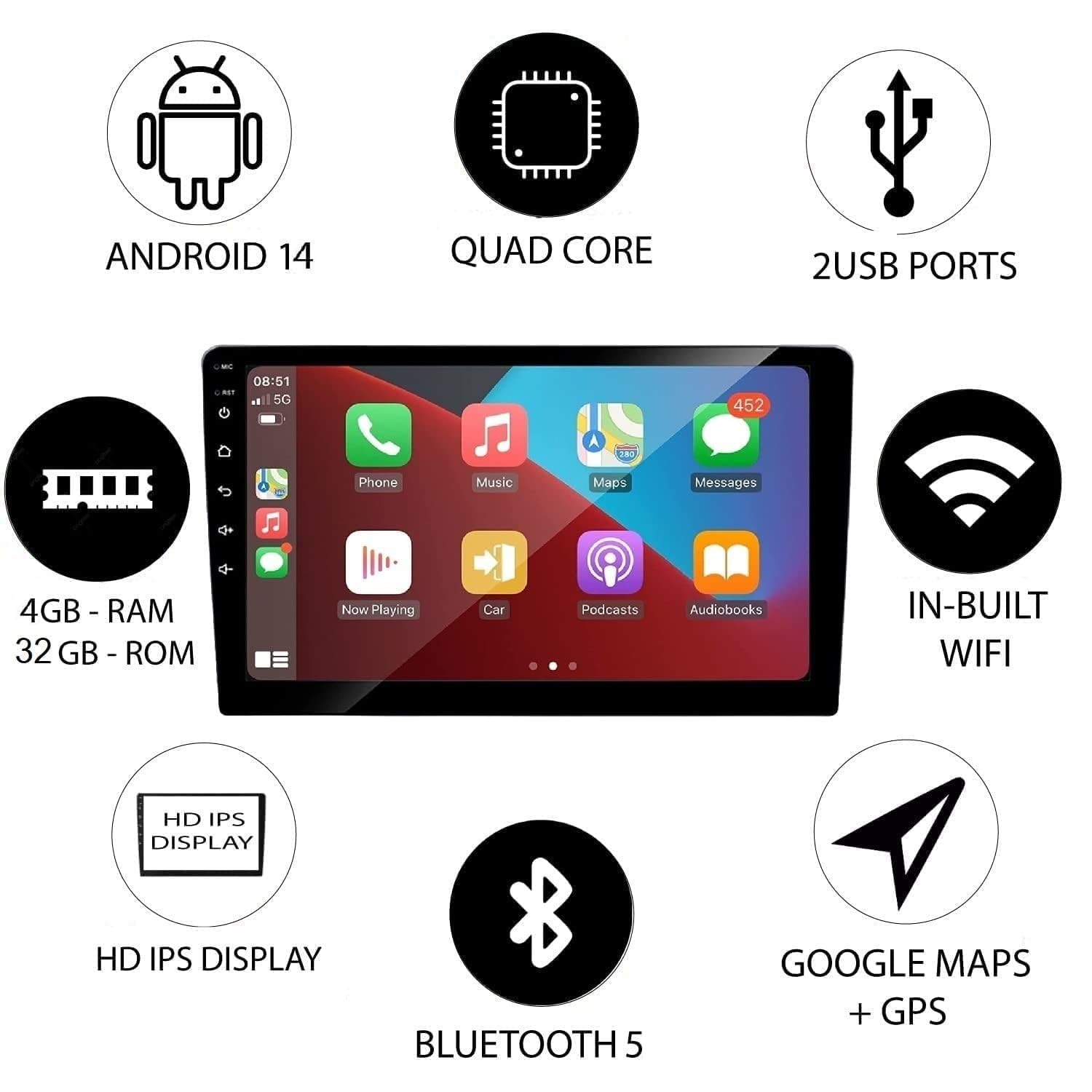 AUTO SNAP 9 Inch HD 1280 Android Display Double Din Stereo Player 15 Android Auto Wireless Car Play Gorilla Glass IPS Display Car Stereo 4GB RAM 32GB ROM