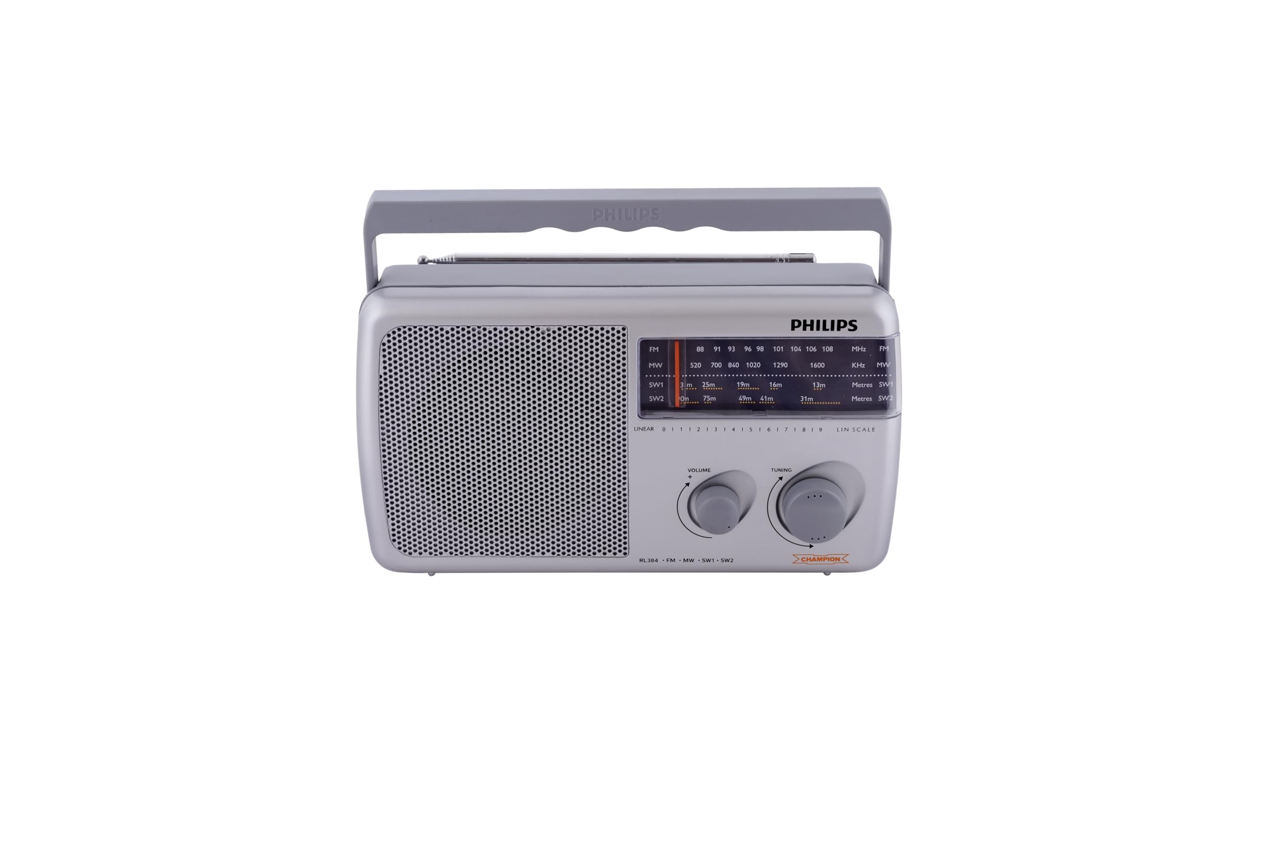 Philips Portable Radio RL384/94 with MW, SW & FM Band, 500mW RMS Sound Output, Telescopic Antenna, 4-Inch Loudspeaker, Powered by 3xR20 (4.5V DC) External DC Socket