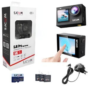 SJCAM SJ6 Pro 5K 24MP Dual Screen Action Camera Kit | 6axis gyro | 165° Ultra Wide | 2" Touch Screen | 30M Underwater with 3 x1000 mAh Batteries 32GB SD Card, Type-C Mic and Accessories Kits
