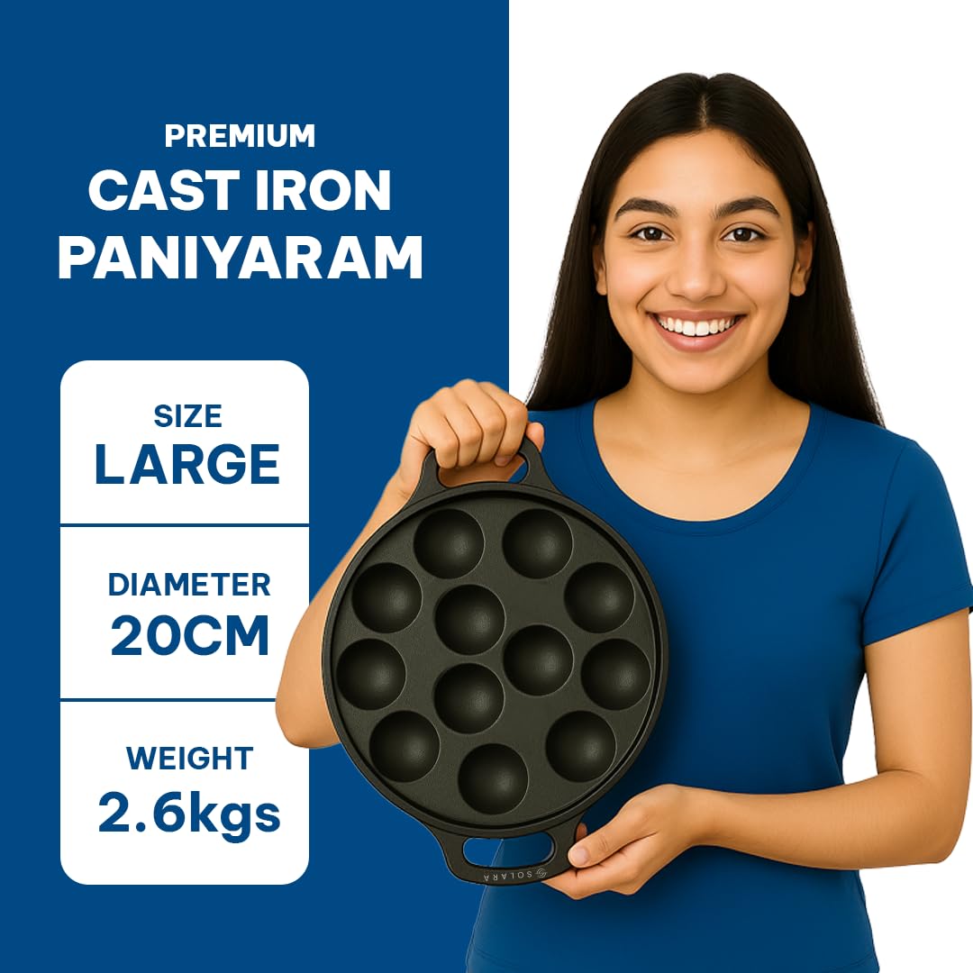 SOLARA Cast Iron 8" inch (20 CM) Paniyaram Pan (12 Cavities) | Pan for Appe/Gunta Ponganalu/Paddu | Cast Cookware