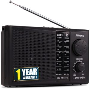 iBELL FM180U Portable FM Radio with USB/SD Slot, MP3 Player, Headphone Jack & Dynamic Speaker 4 Band (Black)