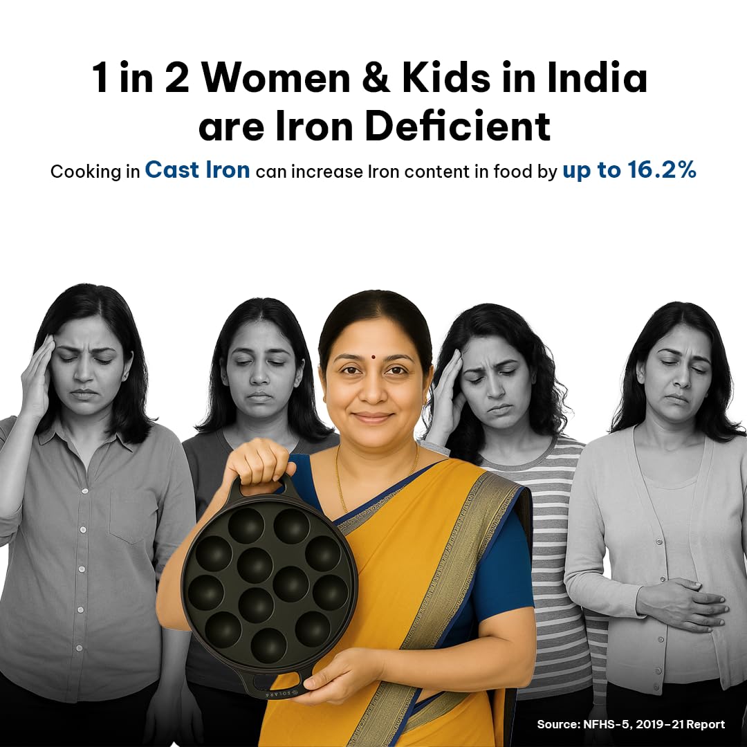 SOLARA Cast Iron 8" inch (20 CM) Paniyaram Pan (12 Cavities) | Pan for Appe/Gunta Ponganalu/Paddu | Cast Cookware