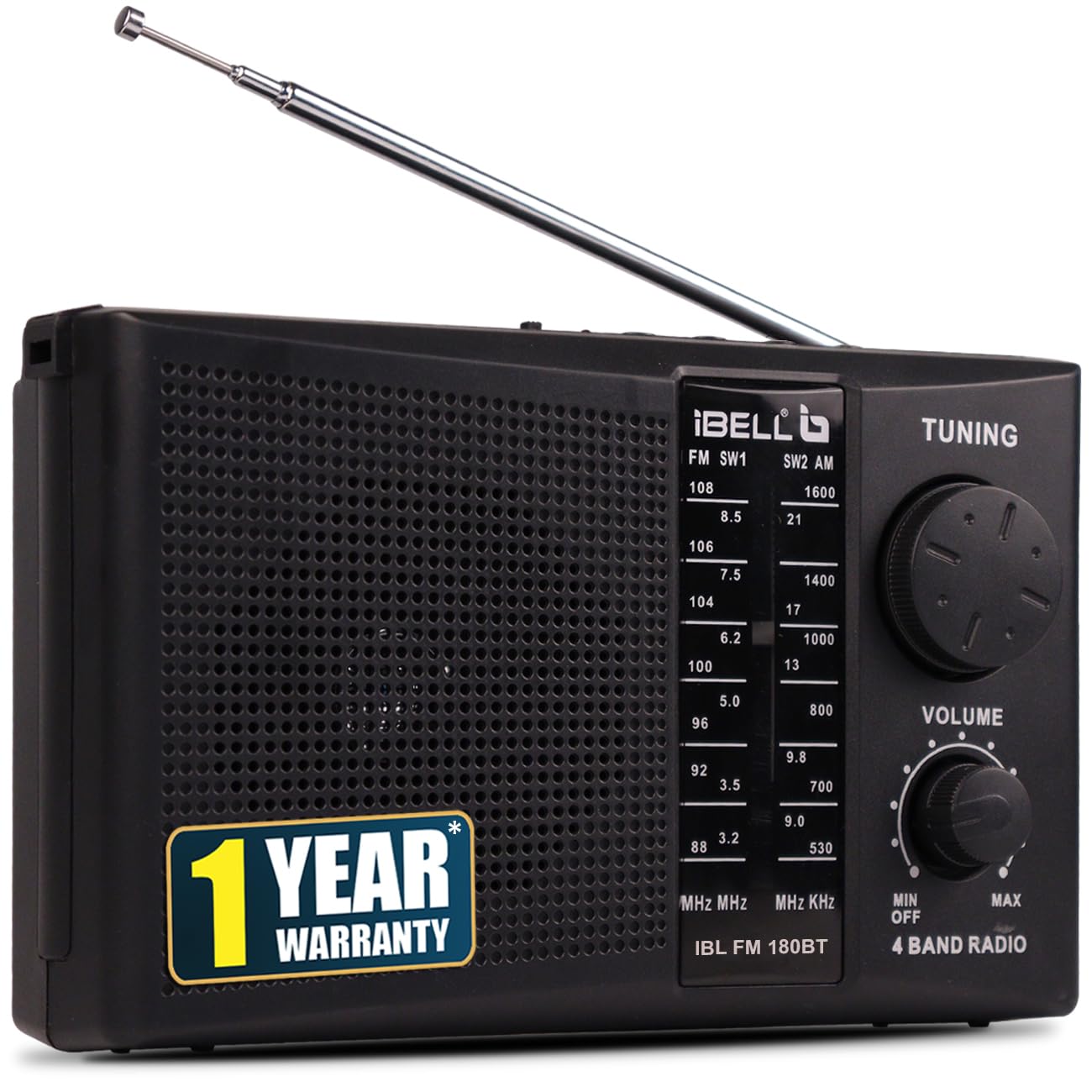 IBL FM180BT Portable 4 Band FM Radio with Bluetooth Speaker, USB/SD Slot, MP3 Player & Dynamic Speaker (Black)