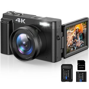 MIRWHAPNG 4K Digital Camera for Photography and Video Autofocus 16X Digital Zoom, 48MP Vlogging Camera with 32GB SD Card, 3'' 180° Flip Screen Compact Camera for Travel,2 Batteries Charger Stand