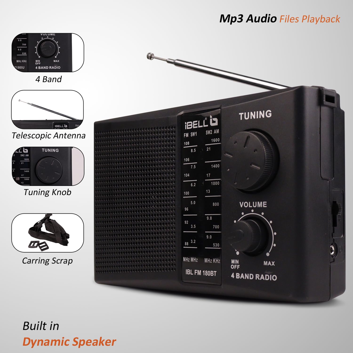 IBL FM180BT Portable 4 Band FM Radio with Bluetooth Speaker, USB/SD Slot, MP3 Player & Dynamic Speaker (Black)