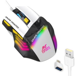 Ant Esports GM100 V2 Optical Gaming Mouse,7 Button Wired USB Mouse, 4000 FPS Sensor, 3600 DPI, RGB Lighting,1.5m PVC Cable, Ergonomic Design, for Windows PC, Laptop, Gaming & Office Use- Black & White