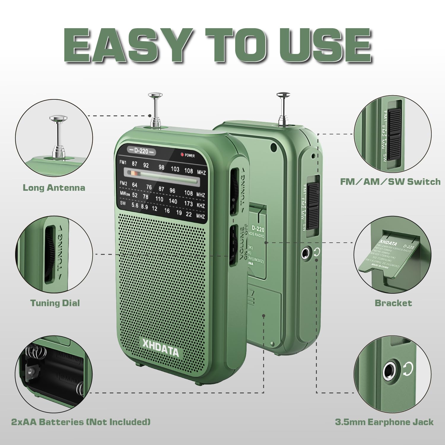XHDATA D-220 FM Radio for Home Portable MW Shortwave Receiver Battery Operated Small Pocket Speaker Excellent Reception Emergencies Green