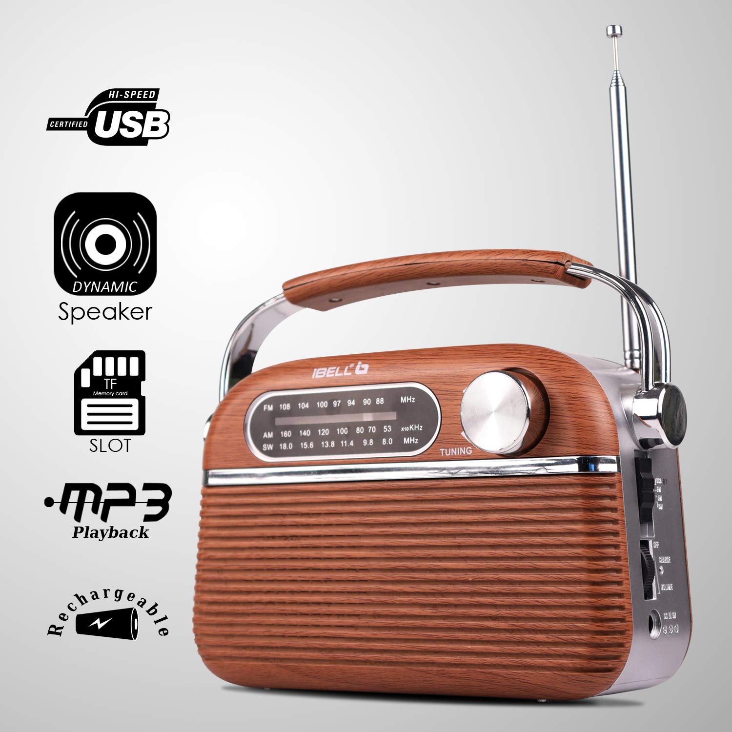 iBELL FM700BT Portable FM Radio with Bluetooth Speaker, USB, SD Slot, MP3 Player & Dynamic Speaker 3 Band (Brown)