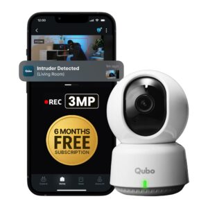 Qubo Smart 360° 3MP Wi-Fi Security Camera| Free 6-Month Subscription | Ultra 2K Indoor CCTV Cam for Home | AI Person Detection | Automatic Alarm | Hero Group | NightPulse Vision |SD & Cloud Storage