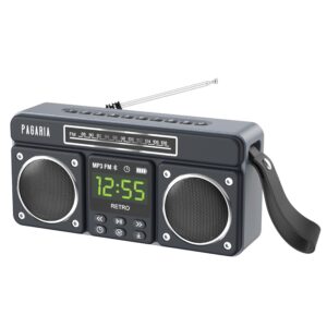 PAGARIA New Retro Portable FM Radio with 10 Watts Sound, Bluetooth Recording, Alarm Clock, USB/TF Card, Detachable External Antenna, Earphone & Aux Port (Black)