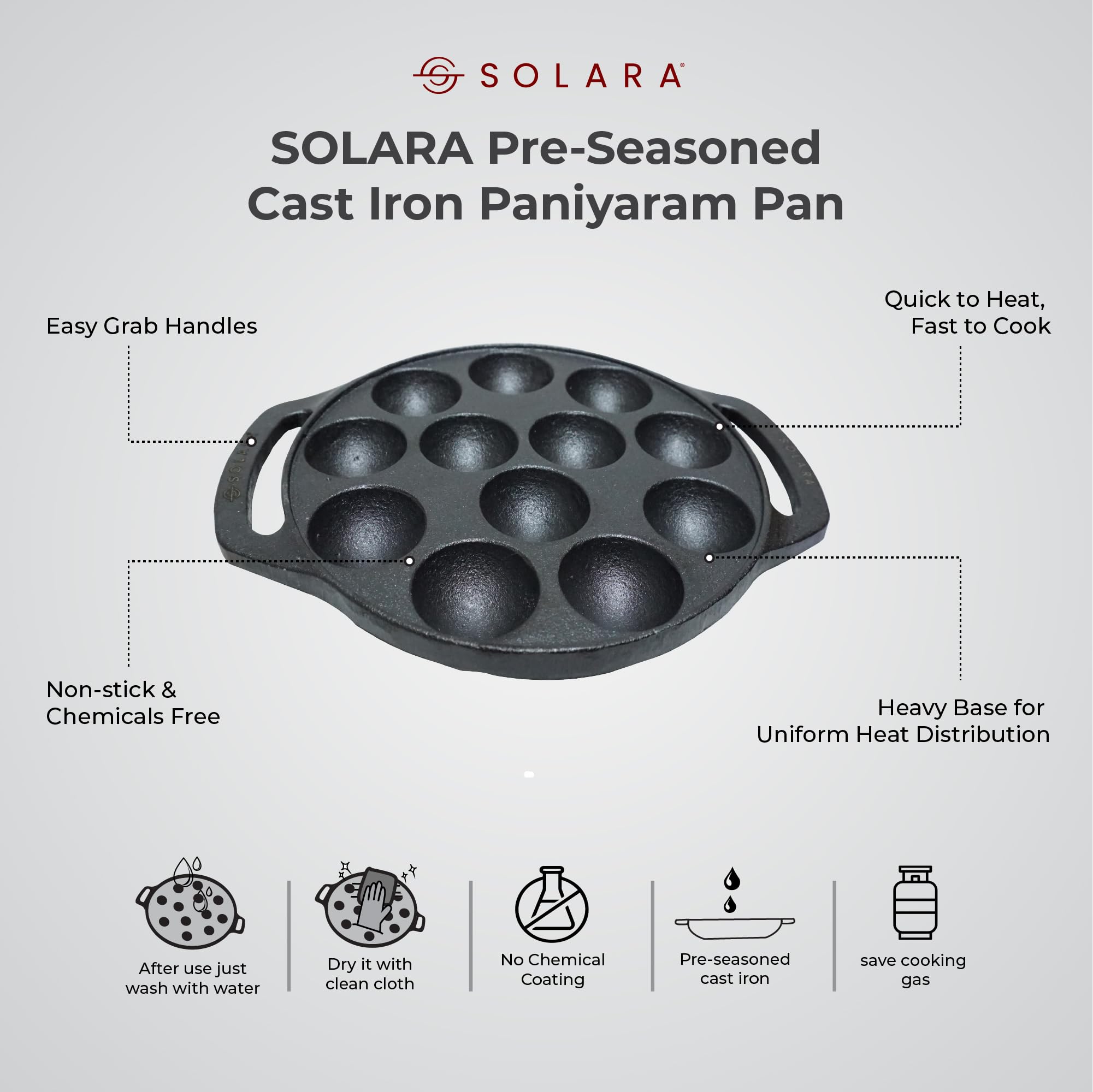 SOLARA Cast Iron 8" inch (20 CM) Paniyaram Pan (12 Cavities) | Pan for Appe/Gunta Ponganalu/Paddu | Cast Cookware