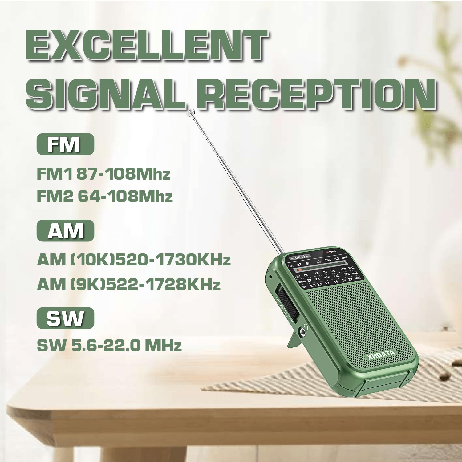 XHDATA D-220 FM Radio for Home Portable MW Shortwave Receiver Battery Operated Small Pocket Speaker Excellent Reception Emergencies Green