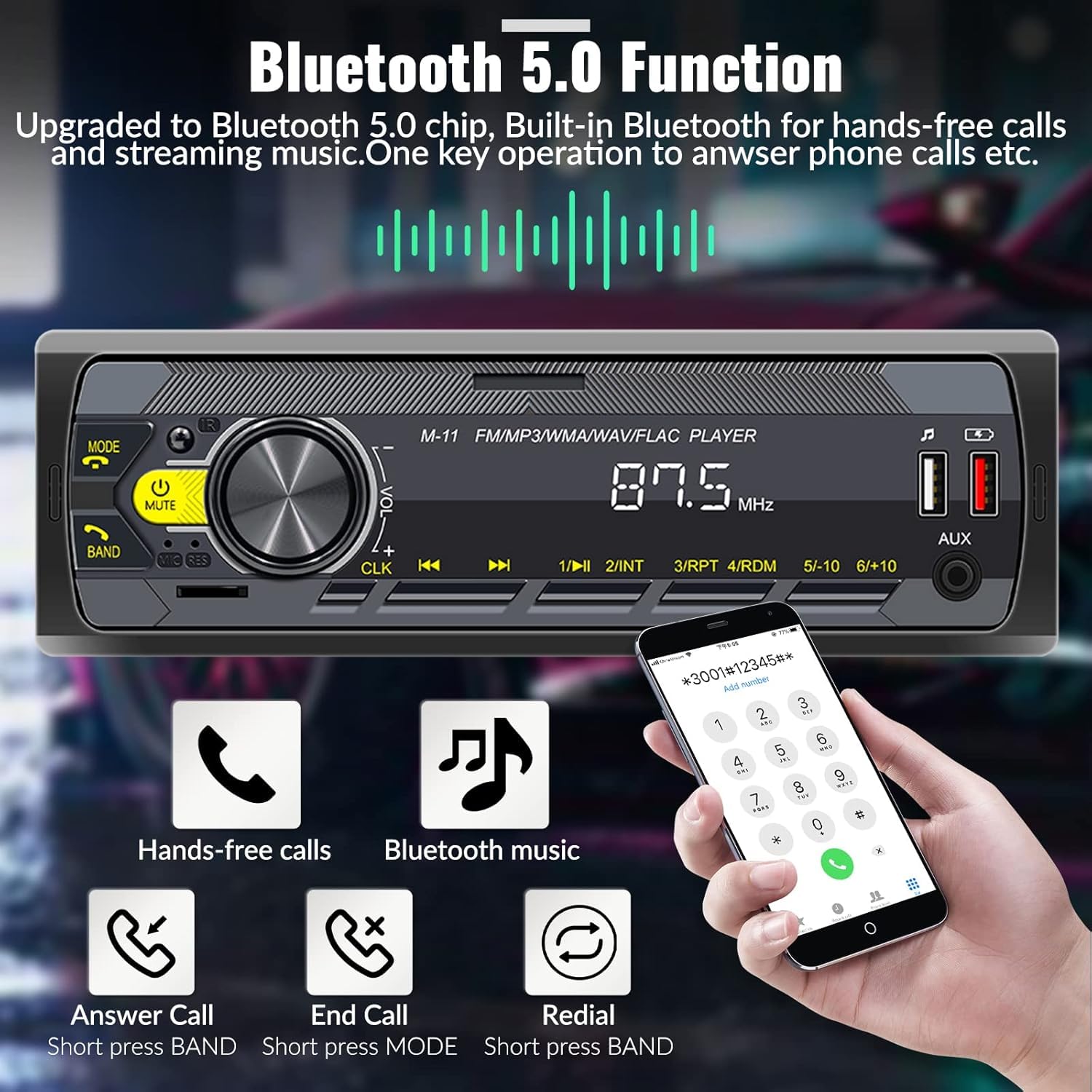 UNITOPSCI Single Din Car Stereo Bluetooth 5.0 Multimedia Audio Receiver, Push to Talk Assistant, Hands-Free Call Voice Control,MP3/FM/AUX in/USB/TF Input APP Remote LCD Digital Display