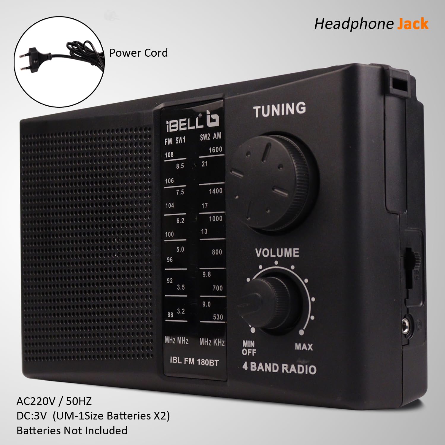 IBL FM180BT Portable 4 Band FM Radio with Bluetooth Speaker, USB/SD Slot, MP3 Player & Dynamic Speaker (Black)