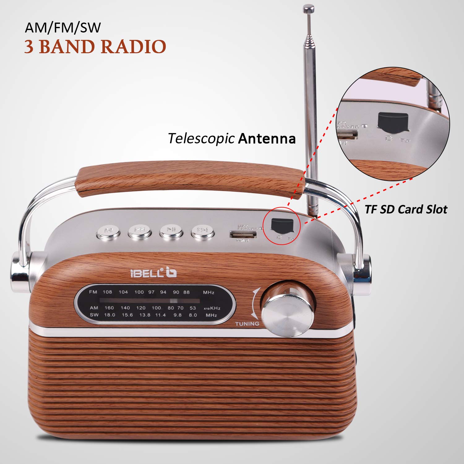 iBELL FM700BT Portable FM Radio with Bluetooth Speaker, USB, SD Slot, MP3 Player & Dynamic Speaker 3 Band (Brown)