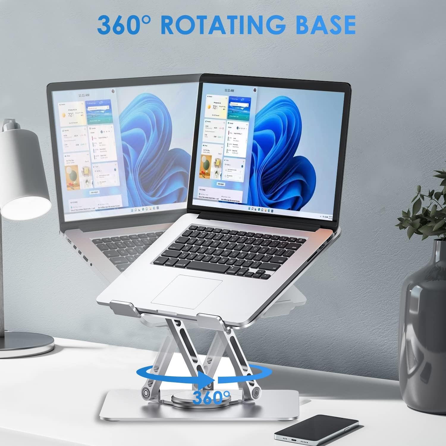 PLIXIO Adjustable Laptop Stand with 360° Rotating Base Tabletop Ergonomic Foldable Portable Holder Compatible for MacBook, HP, Dell, Lenovo & All Other Notebook (Sliver)