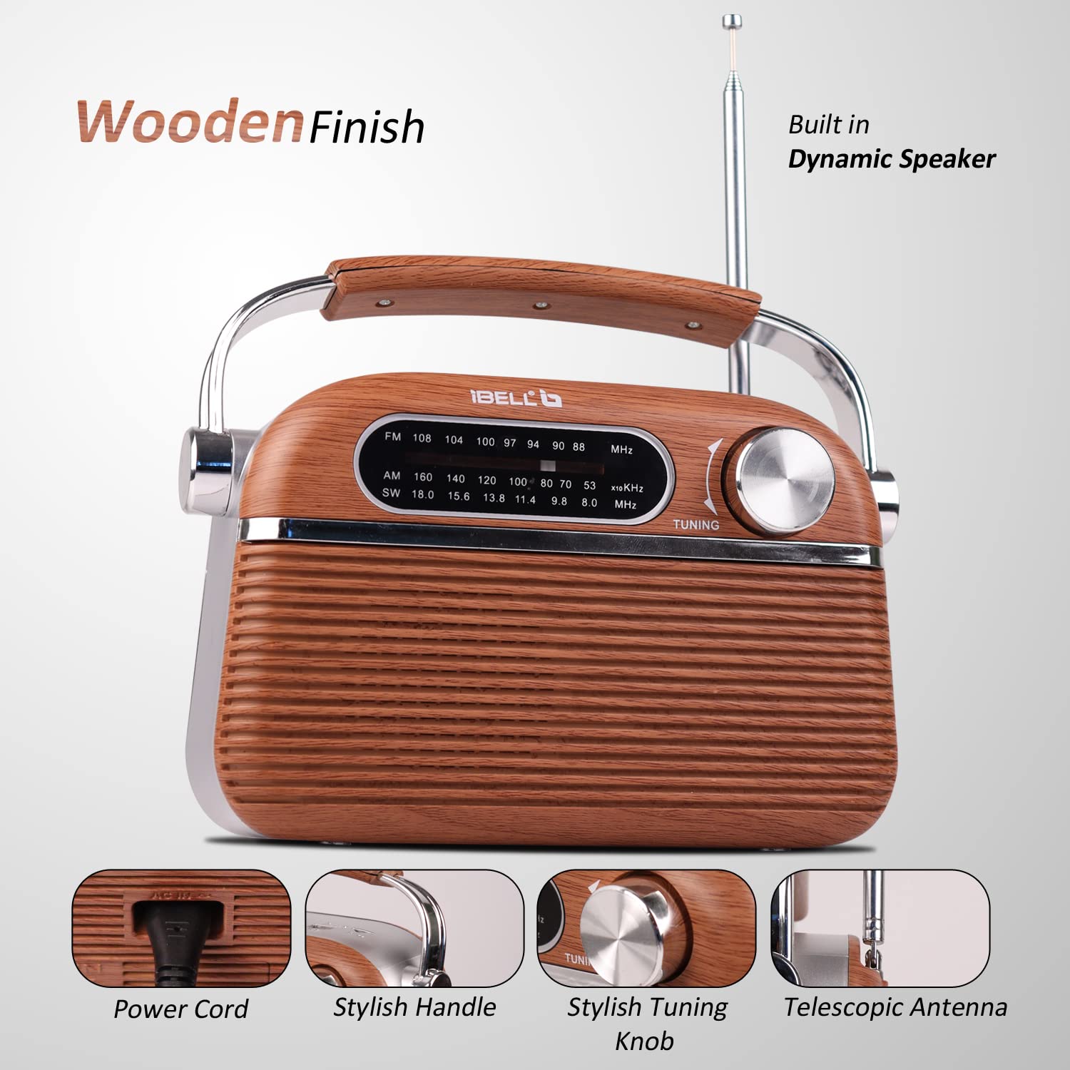 iBELL FM700BT Portable FM Radio with Bluetooth Speaker, USB, SD Slot, MP3 Player & Dynamic Speaker 3 Band (Brown)