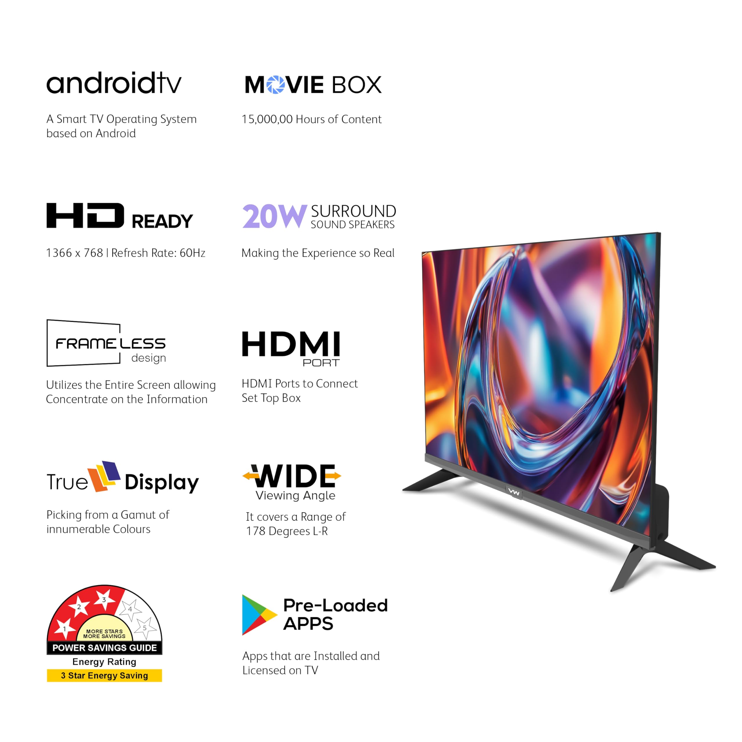 VW 80 cm (32 inches) Frameless Series HD Ready Android Smart LED TV VW32S
