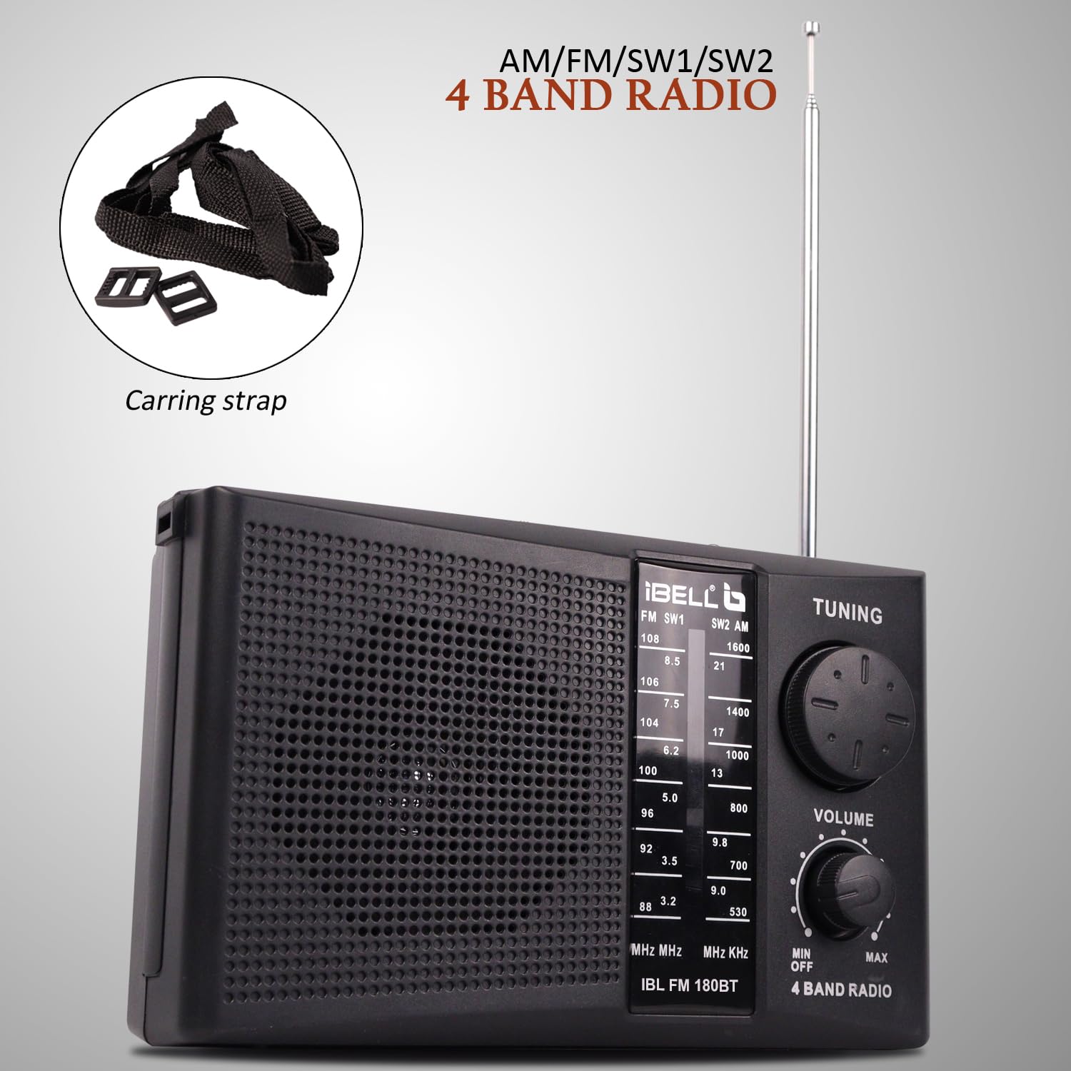 IBL FM180BT Portable 4 Band FM Radio with Bluetooth Speaker, USB/SD Slot, MP3 Player & Dynamic Speaker (Black)