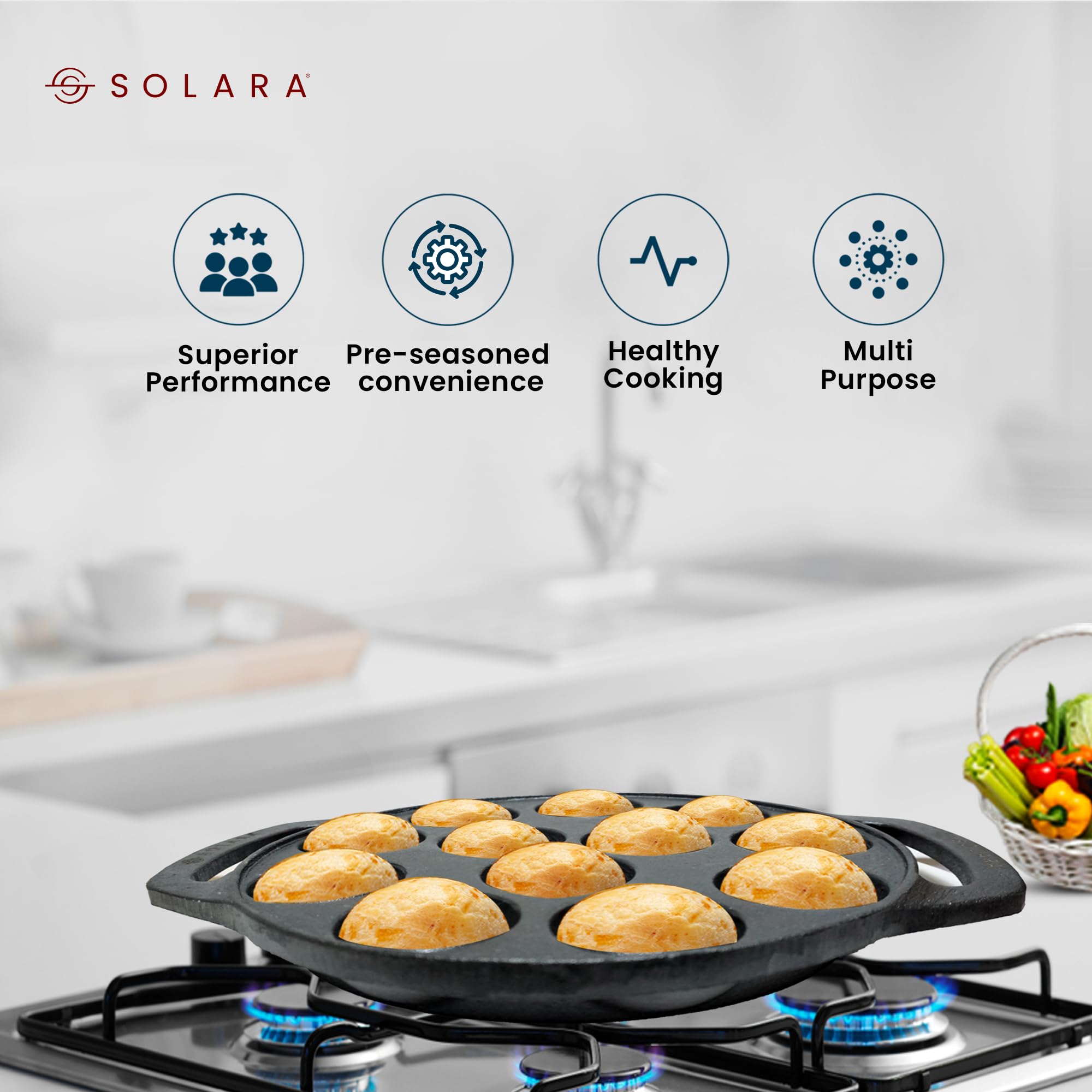 SOLARA Cast Iron 8" inch (20 CM) Paniyaram Pan (12 Cavities) | Pan for Appe/Gunta Ponganalu/Paddu | Cast Cookware