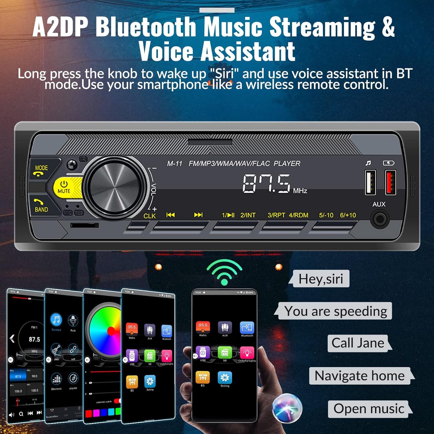 UNITOPSCI Single Din Car Stereo Bluetooth 5.0 Multimedia Audio Receiver, Push to Talk Assistant, Hands-Free Call Voice Control,MP3/FM/AUX in/USB/TF Input APP Remote LCD Digital Display