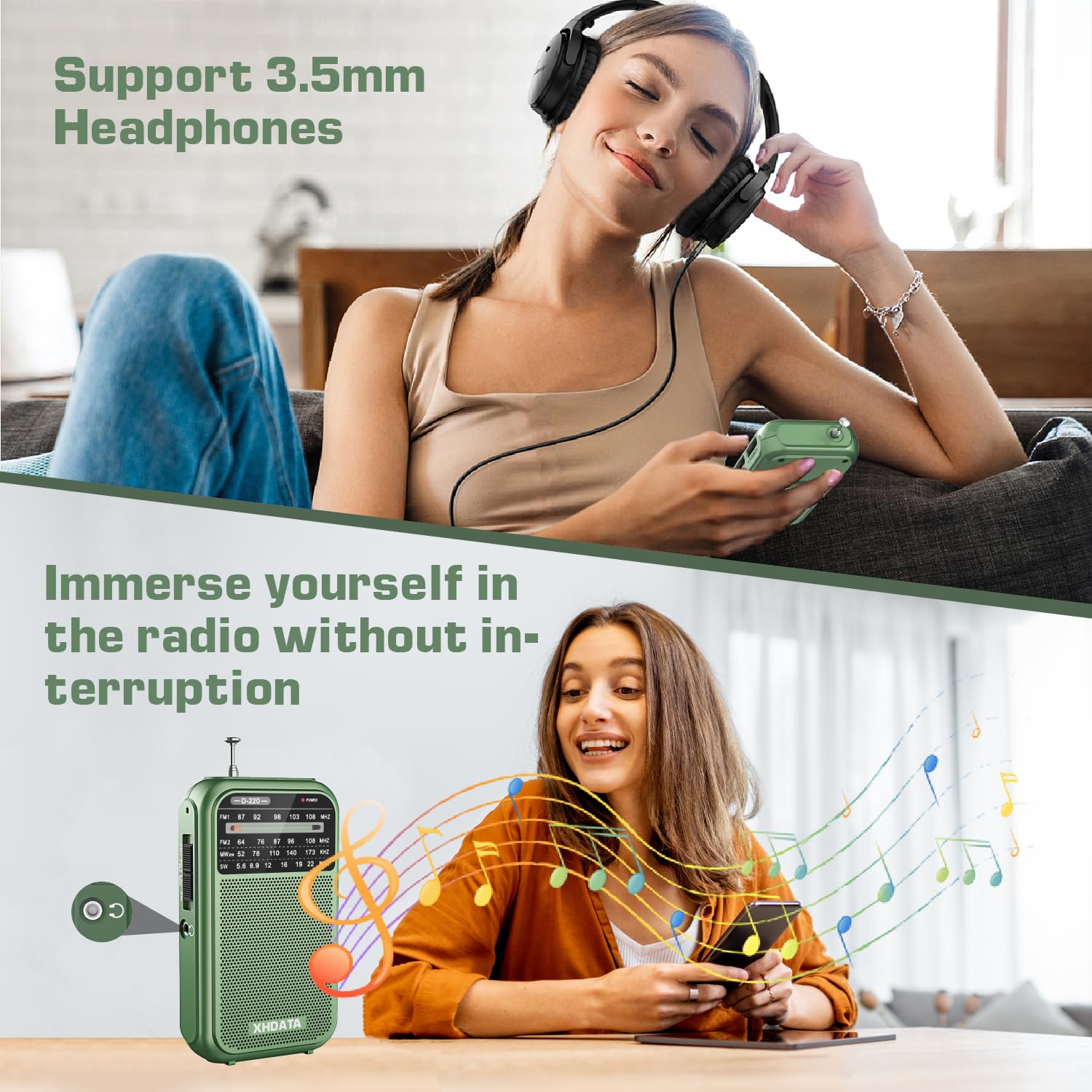 XHDATA D-220 FM Radio for Home Portable MW Shortwave Receiver Battery Operated Small Pocket Speaker Excellent Reception Emergencies Green