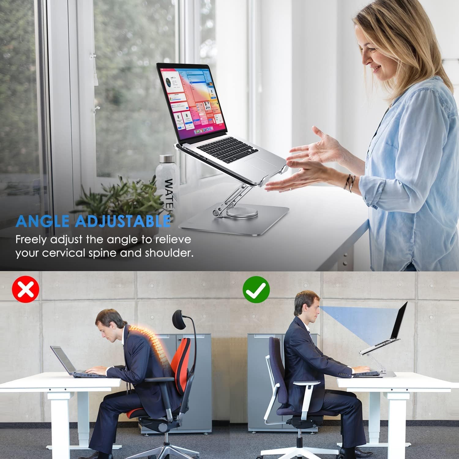 PLIXIO Adjustable Laptop Stand with 360° Rotating Base Tabletop Ergonomic Foldable Portable Holder Compatible for MacBook, HP, Dell, Lenovo & All Other Notebook (Sliver)