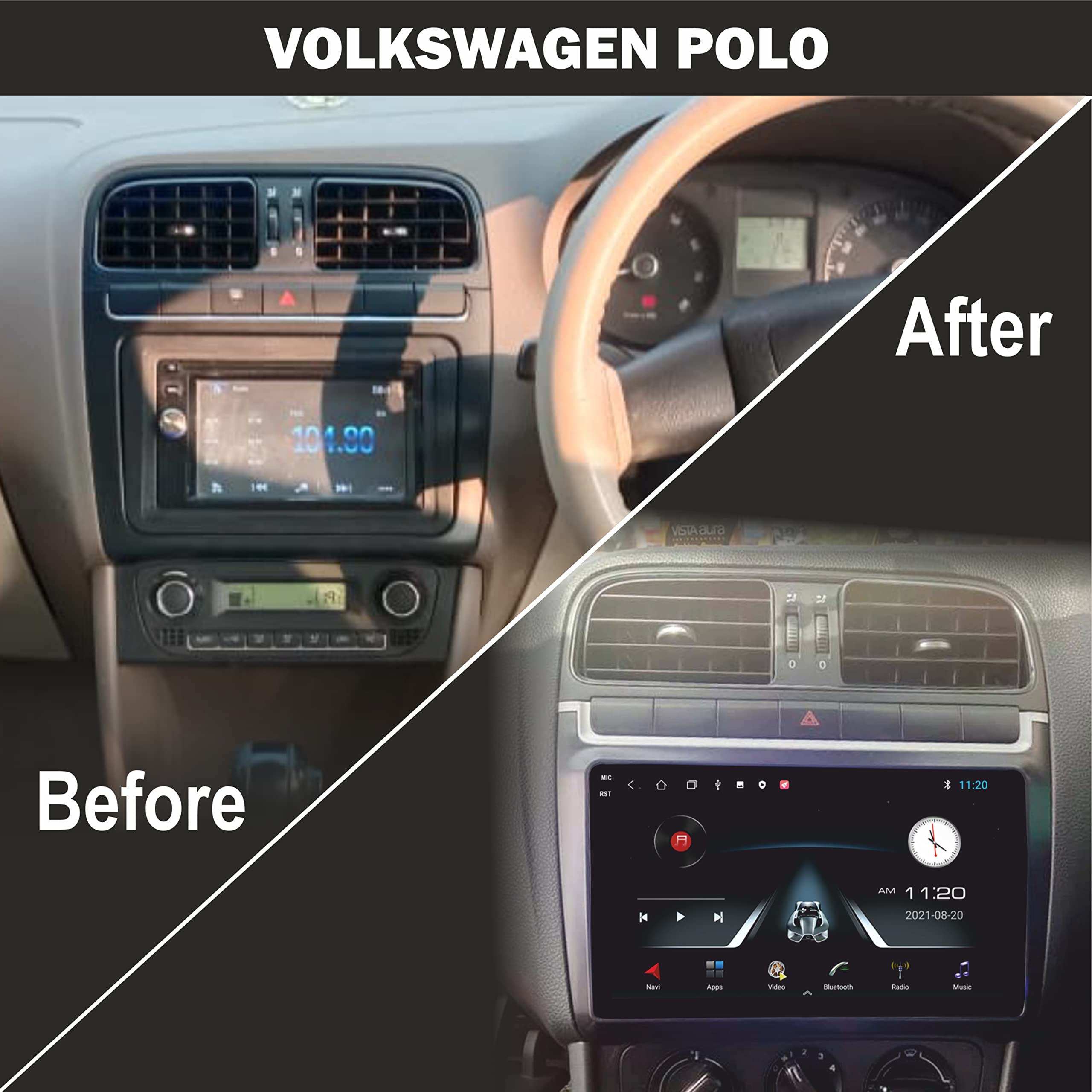 BASSOHOLIC 9" Android 10 Car Stereo for Volkswagen Polo | 2GB RAM 32GB ROM | Full HD Display, WiFi, GPS, Bluetooth, SWC | Frame & HD Reverse Camera Included | Coupler-to-Coupler Fit | 1-Year Warranty