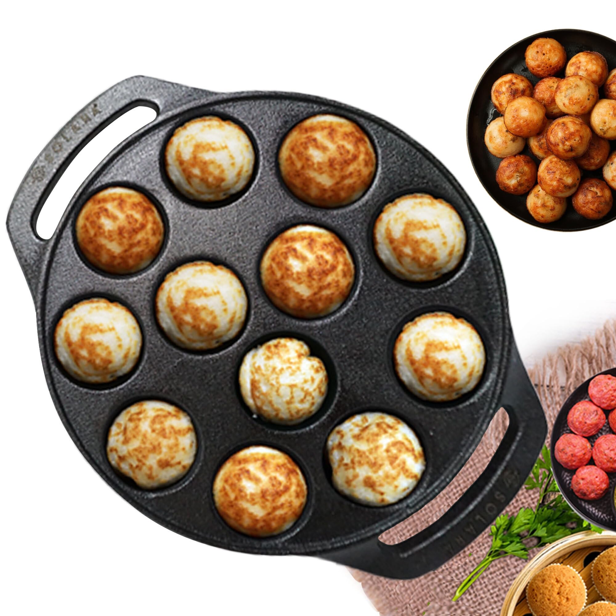 SOLARA Cast Iron 8" inch (20 CM) Paniyaram Pan (12 Cavities) | Pan for Appe/Gunta Ponganalu/Paddu | Cast Cookware