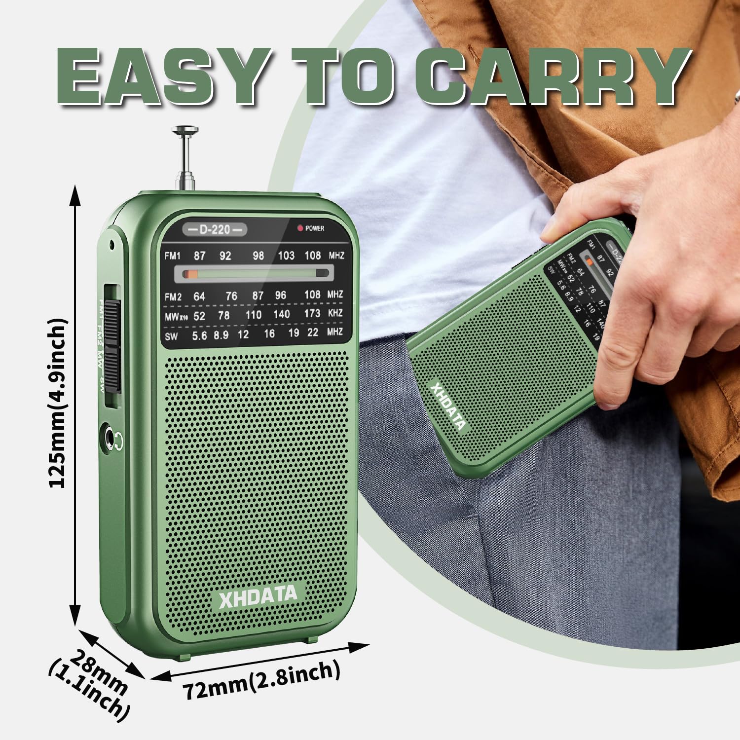 XHDATA D-220 FM Radio for Home Portable MW Shortwave Receiver Battery Operated Small Pocket Speaker Excellent Reception Emergencies Green