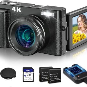 AiTechny 4K Digital Camera For Autofocus Photography, 48Mp 128 GB Vlogging Camera With Anti-Shake Sd Card, 3 Inch 180° Compact Video Camera For Travel, Digital Camera With 16X Zoom